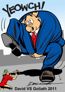 cartoon showing David against Goliath on Wall Street